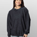 Unisex Black Oversized Premium cotton corded fleece Sweatshirt with Super soft hand feel, vintage wash and ribbed crew neckline, cuffs, and hemline
