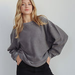 Unisex Dark Grey Oversized Premium cotton corded fleece Sweatshirt with Super soft hand feel, vintage wash and ribbed crew neckline, cuffs, and hemline