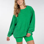 Unisex Green  Oversized Premium cotton corded fleece Sweatshirt with Super soft hand feel, vintage wash and ribbed crew neckline, cuffs, and hemline