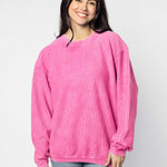 Unisex pink Oversized Premium cotton corded fleece Sweatshirt with Super soft hand feel, vintage wash and ribbed crew neckline, cuffs, and hemline