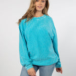 Unisex Aqua blue Oversized Premium cotton corded fleece Sweatshirt with Super soft hand feel, vintage wash and ribbed crew neckline, cuffs, and hemline