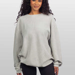 Unisex Grey Oversized Premium cotton corded fleece Sweatshirt with Super soft hand feel, vintage wash and ribbed crew neckline, cuffs, and hemline