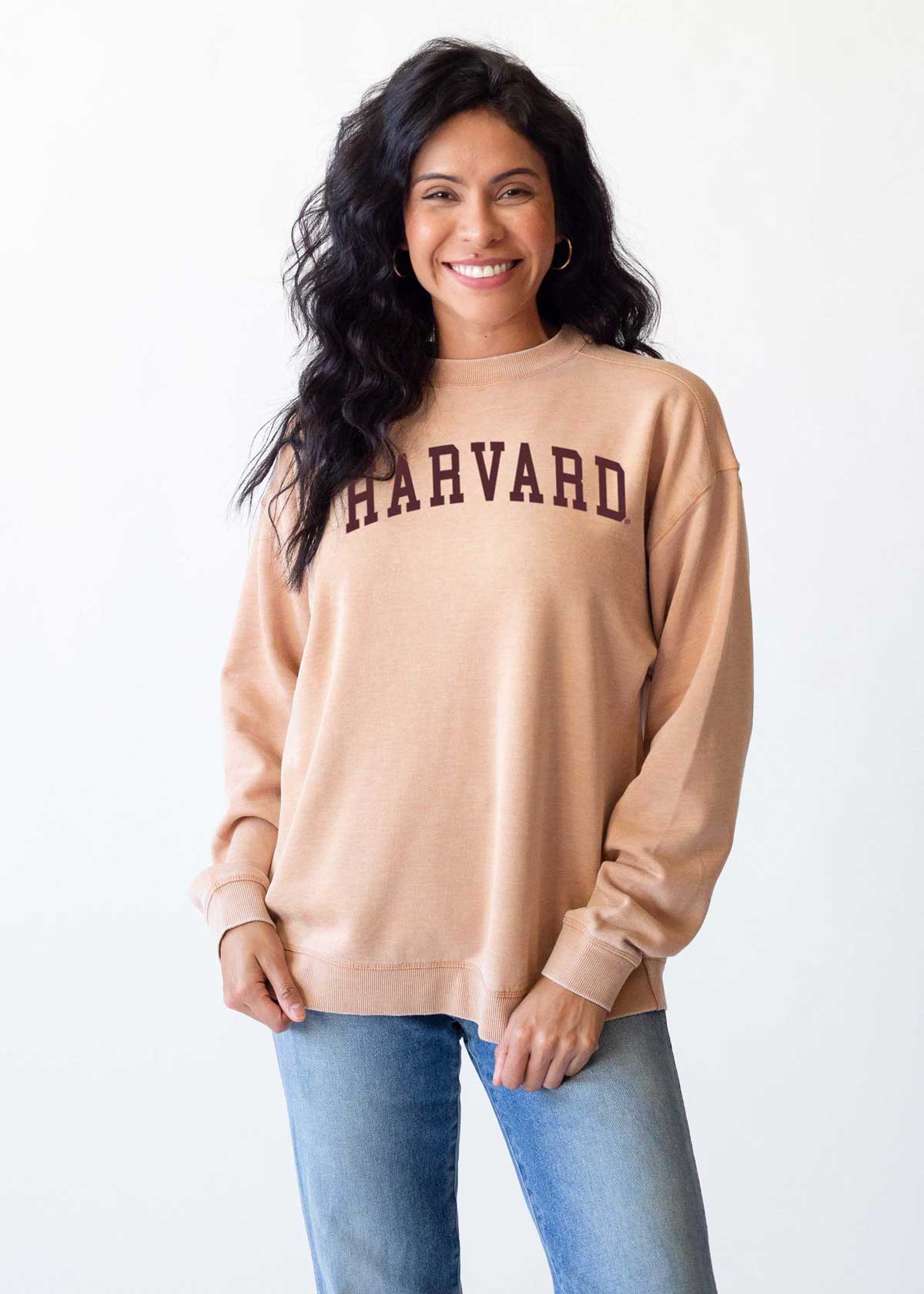 Harvard Unisex Brown Oversized Burnout fleece Sweatshirt with Ribbed crew neckline, cuffs, hem, dropped shoulders and relaxed bottom hem