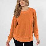 Women's Orange Relaxed Burnout fleece Sweatshirt with crew neck, dropped shoulders and hi-lo curved hem