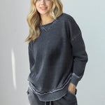 Women's Dark Grey Relaxed Burnout fleece Sweatshirt with crew neck, dropped shoulders and hi-lo curved hem