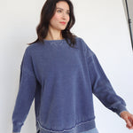 Women's Dark blue Relaxed Burnout fleece Sweatshirt with crew neck, dropped shoulders and hi-lo curved hem