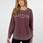 Harvard Women's Maroon Relaxed Burnout fleece Sweatshirt with crew neck, dropped shoulders and hi-lo curved hem