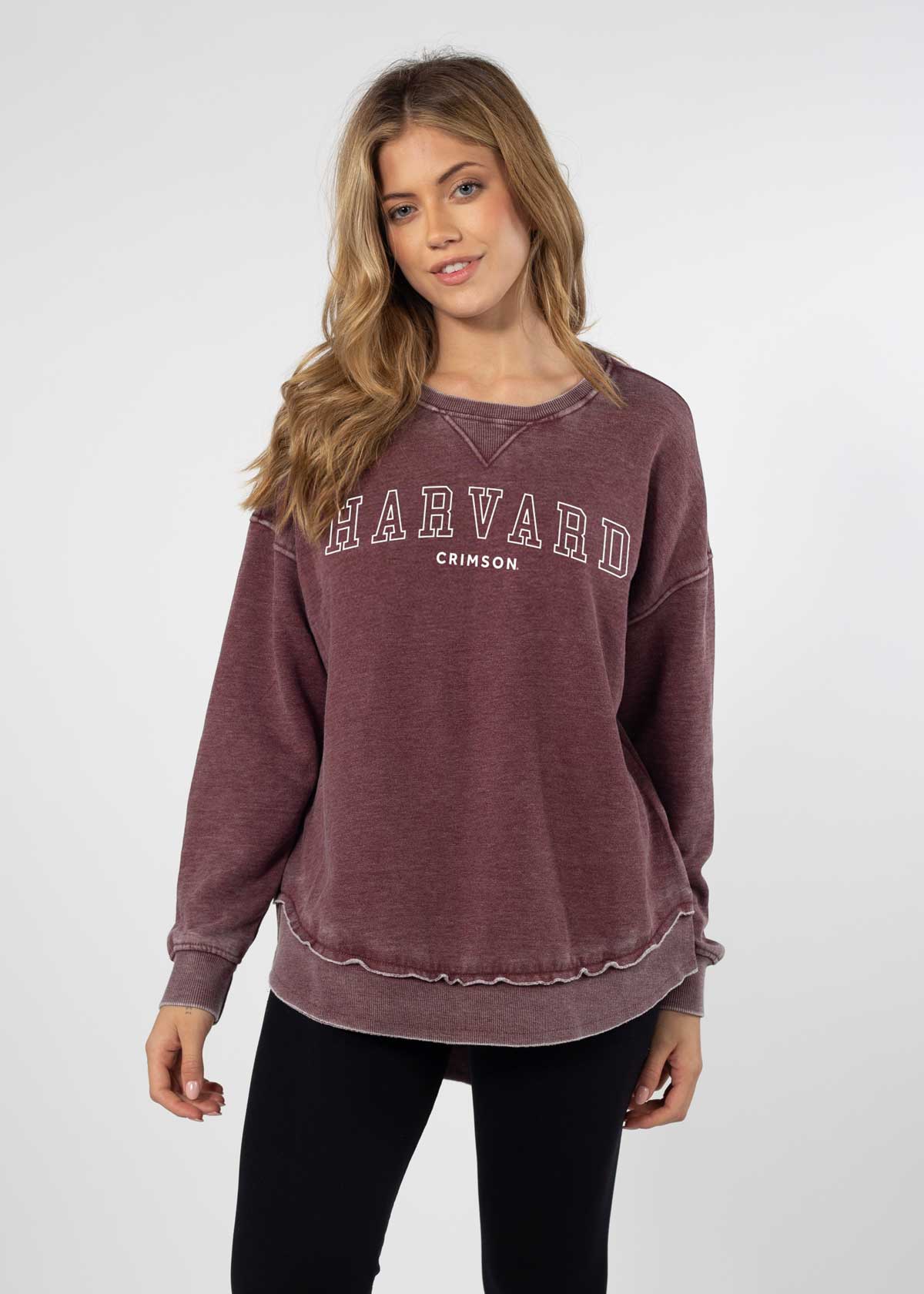 Harvard Women's Maroon Relaxed Burnout fleece Sweatshirt with crew neck, dropped shoulders and hi-lo curved hem