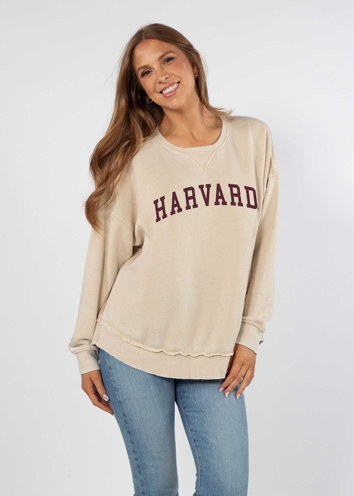 Harvard Unisex Light beige Oversized Burnout fleece Sweatshirt with Ribbed crew neckline, cuffs, hem, dropped shoulders and relaxed bottom hem