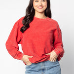 Unisex Red Oversized Premium cotton corded fleece Sweatshirt with Super soft hand feel, vintage wash and ribbed crew neckline, cuffs, and hemline