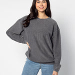 Unisex Dark Grey Oversized Premium cotton corded fleece Sweatshirt with Super soft hand feel, vintage wash and ribbed crew neckline, cuffs, and hemline