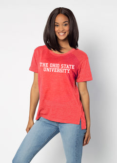 Ohio State Buckeyes Women's Red Relaxed Melange light-weight cotton-poly  with Ribbed scoop neck, short rolled sleeves, and a longer back hem for extra coverage.