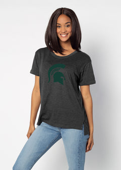 Michigan State Spartans Women's Black Relaxed Melange light-weight cotton-poly  with Ribbed scoop neck, short rolled sleeves, and a longer back hem for extra coverage.
