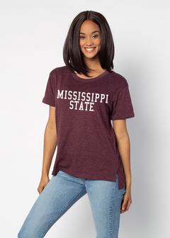 Mississippi State Bulldogs Women's Maroon Relaxed Melange light-weight cotton-poly  with Ribbed scoop neck, short rolled sleeves, and a longer back hem for extra coverage.
