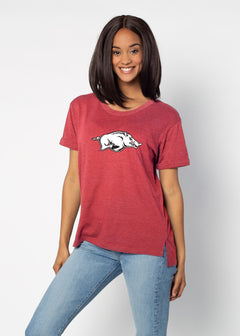 Arkansas Razorbacks Women's Crimson Relaxed Melange light-weight cotton-poly  with Ribbed scoop neck, short rolled sleeves, and a longer back hem for extra coverage.