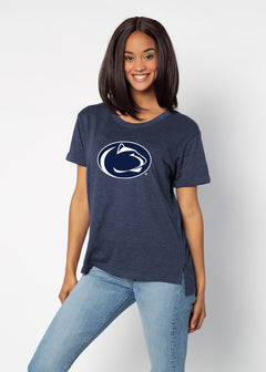 Penn State Nittany Lions Women's Navy Relaxed Melange light-weight cotton-poly  with Ribbed scoop neck, short rolled sleeves, and a longer back hem for extra coverage.
