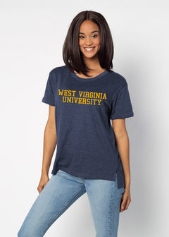 West Virginia Mountaineers Women's Navy Relaxed Melange light-weight cotton-poly  with Ribbed scoop neck, short rolled sleeves, and a longer back hem for extra coverage.
