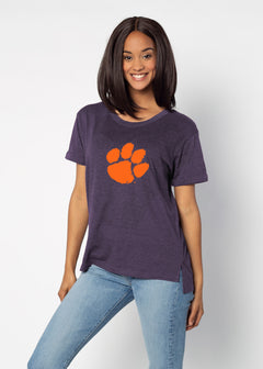 Clemson Tigers Women's Purple Relaxed Melange light-weight cotton-poly  with Ribbed scoop neck, short rolled sleeves, and a longer back hem for extra coverage.
