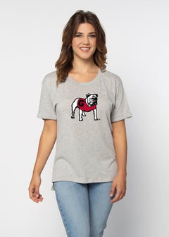 Georgia Bulldogs Women's Heather-Grey Relaxed Melange light-weight cotton-poly  with Ribbed scoop neck, short rolled sleeves, and a longer back hem for extra coverage.