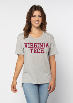 Virginia Tech Hokies Women's Heather-Grey Relaxed Melange light-weight cotton-poly  with Ribbed scoop neck, short rolled sleeves, and a longer back hem for extra coverage.