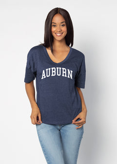 Auburn Tigers Women's Navy Relaxed Melange light-weight cotton-poly  with Semi-rounded v-neck, drop shoulders, elbow length sleeves and shirttail hem with side slits.