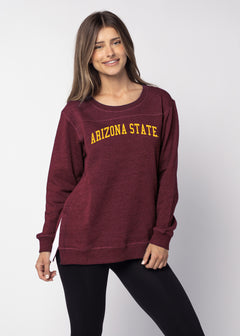 Arizona State Sun Devils Women's Maroon  Feathered fleece  with Long side slits finished with white twill tape and front yoke seam
