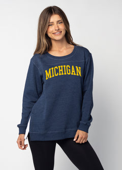 Michigan Wolverines Women's Navy  Feathered fleece  with Long side slits finished with white twill tape and front yoke seam
