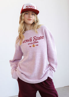 Iowa State Cyclones Women's Cardinal Relaxed, straight Yarn-dyed brushed fleece Sweatshirt with the look of sweater, the touch of a blanket, crew neckline and ribbed neck, cuffs and hem