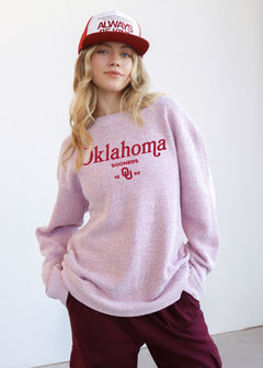 Oklahoma Sooners Women's Cardinal Relaxed, straight Yarn-dyed brushed fleece Sweatshirt with the look of sweater, the touch of a blanket, crew neckline and ribbed neck, cuffs and hem