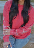 Burnout Crew Sweatshirt with Rhinestone Sleeves in Cardinal