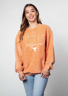 Texas Longhorns Unisex Burnt-Orange Oversized Premium cotton corded fleece Sweatshirt with Super soft hand feel, vintage wash and ribbed crew neckline, cuffs, and hemline