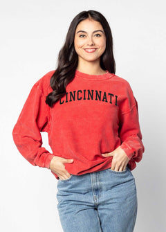 Cincinnati Bearcats Unisex Red Oversized Premium cotton corded fleece Sweatshirt with Super soft hand feel, vintage wash and ribbed crew neckline, cuffs, and hemline