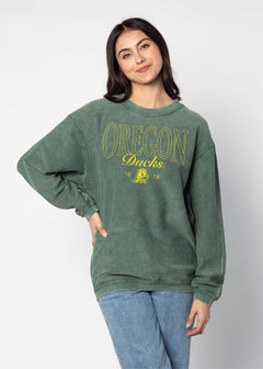 Oregon Ducks Unisex Green Oversized Premium cotton corded fleece Sweatshirt with Super soft hand feel, vintage wash and ribbed crew neckline, cuffs, and hemline