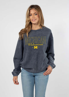 Michigan Wolverines Unisex Navy Oversized Premium cotton corded fleece Sweatshirt with Super soft hand feel, vintage wash and ribbed crew neckline, cuffs, and hemline