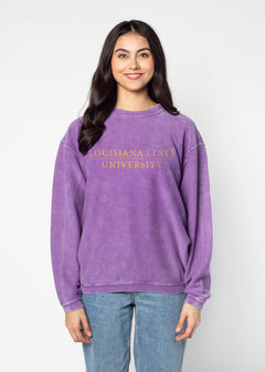 LSU Tigers Unisex Purple Oversized Premium cotton corded fleece Sweatshirt with Super soft hand feel, vintage wash and ribbed crew neckline, cuffs, and hemline