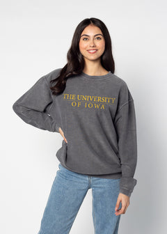 Iowa Hawkeyes Unisex Charcoal Oversized Premium cotton corded fleece Sweatshirt with Super soft hand feel, vintage wash and ribbed crew neckline, cuffs, and hemline