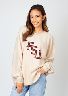 Florida State Seminoles Unisex Natural Oversized Premium cotton corded fleece Sweatshirt with Super soft hand feel, vintage wash and ribbed crew neckline, cuffs, and hemline