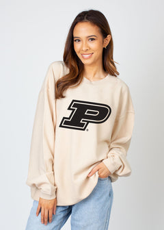 Purdue Boilermakers Unisex Natural Oversized Premium cotton corded fleece Sweatshirt with Super soft hand feel, vintage wash and ribbed crew neckline, cuffs, and hemline