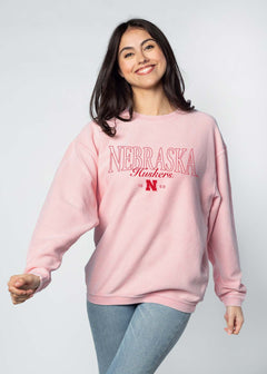 Nebraska Cornhuskers Unisex Urban-Pink Oversized Premium cotton corded fleece Sweatshirt with Super soft hand feel, vintage wash and ribbed crew neckline, cuffs, and hemline