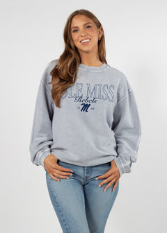 Ole Miss Rebels Unisex faded-denim Oversized Premium cotton corded fleece Sweatshirt with Super soft hand feel, vintage wash and ribbed crew neckline, cuffs, and hemline