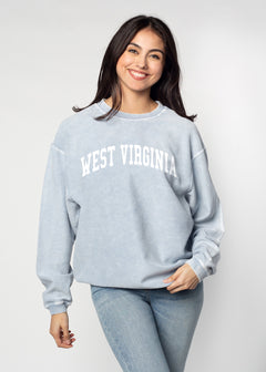 West Virginia Mountaineers Unisex Faded-Denim Oversized Premium cotton corded fleece Sweatshirt with Super soft hand feel, vintage wash and ribbed crew neckline, cuffs, and hemline