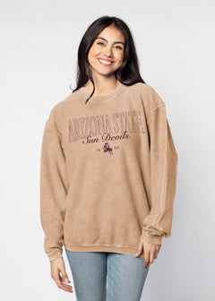Arizona State Sun Devils Unisex Latte Oversized Premium cotton corded fleece Sweatshirt with Super soft hand feel, vintage wash and ribbed crew neckline, cuffs, and hemline