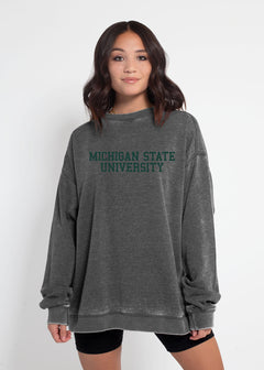 Michigan State Spartans Unisex Charcoal Oversized Burnout fleece Sweatshirt with Ribbed crew neckline, cuffs, hem, dropped shoulders and relaxed bottom hem