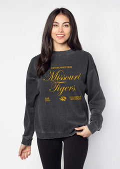 Missouri Tigers Unisex Charcoal Oversized Burnout fleece Sweatshirt with Ribbed crew neckline, cuffs, hem, dropped shoulders and relaxed bottom hem