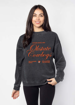 Oklahoma State Cowboys Unisex Charcoal Oversized Burnout fleece Sweatshirt with Ribbed crew neckline, cuffs, hem, dropped shoulders and relaxed bottom hem