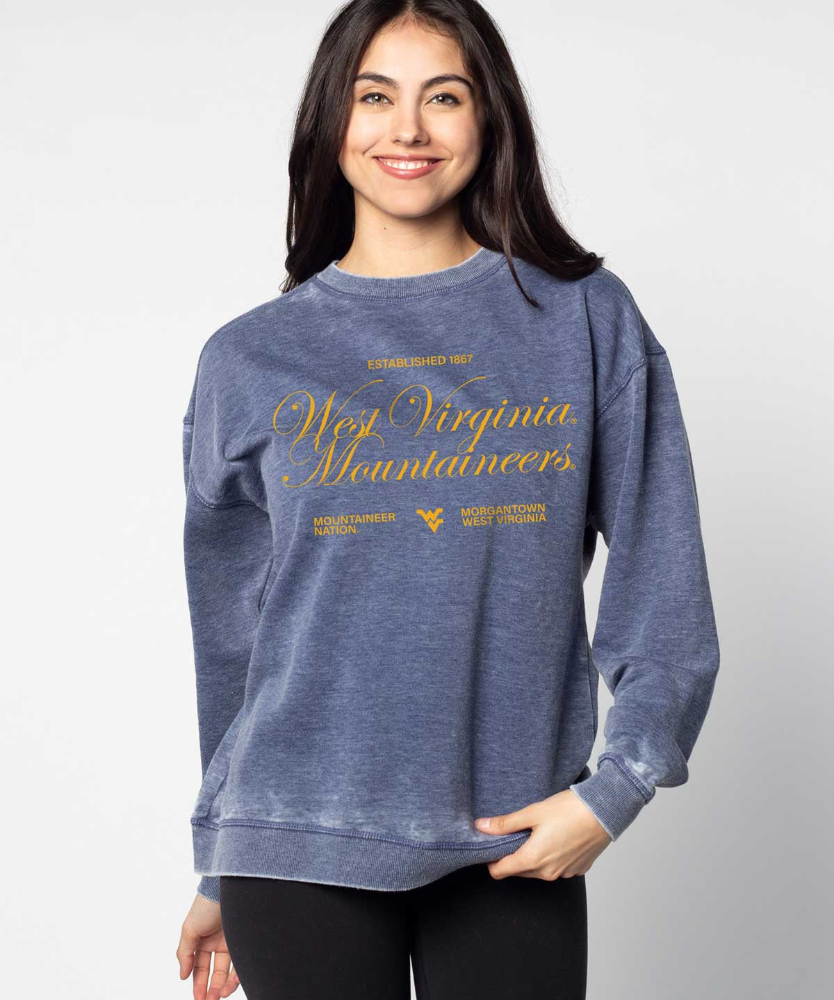 West Virginia Mountaineers burnout crewneck sweatshirt for women in navy