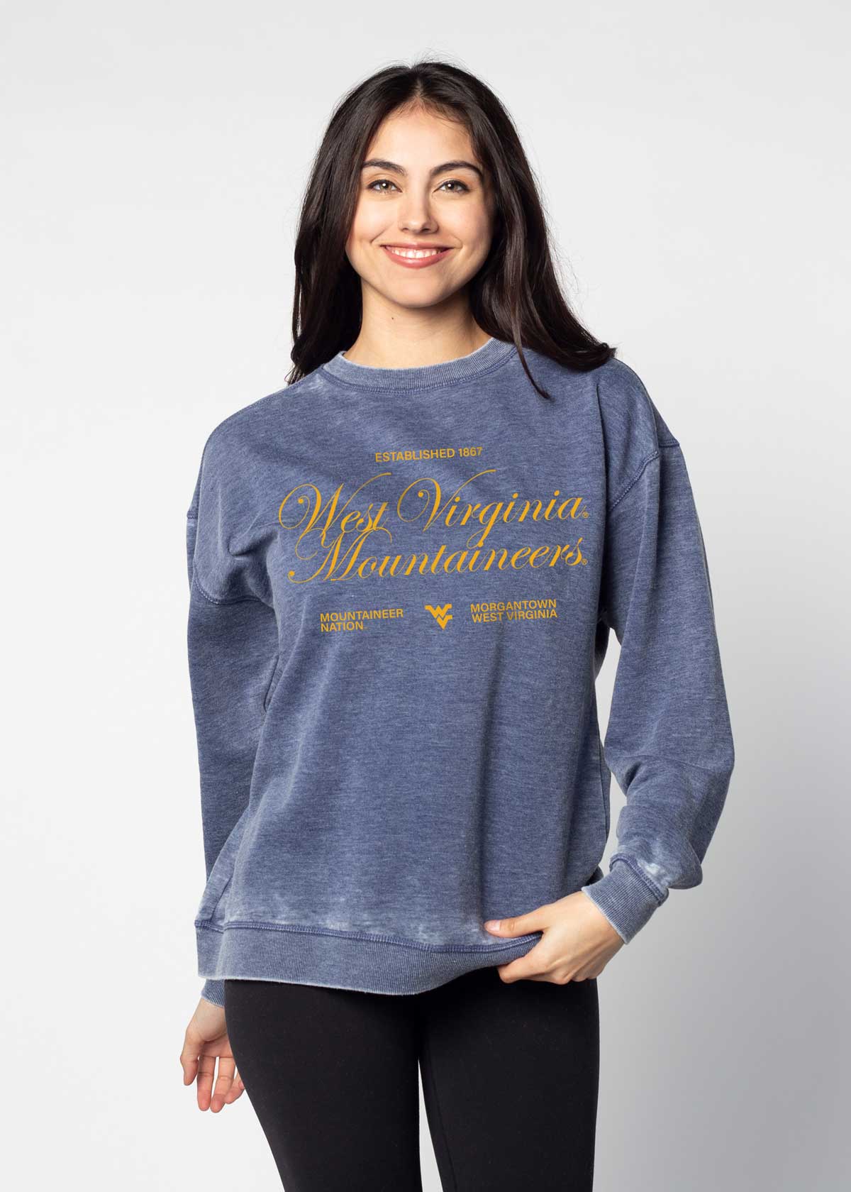 West Virginia Mountaineers burnout crewneck sweatshirt for women in navy