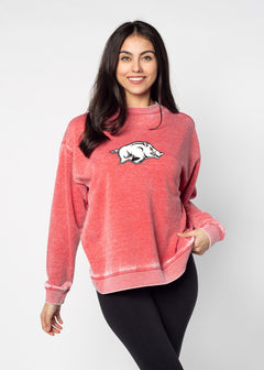 Arkansas Razorbacks Unisex Cardinal Oversized Burnout fleece Sweatshirt with Ribbed crew neckline, cuffs, hem, dropped shoulders and relaxed bottom hem