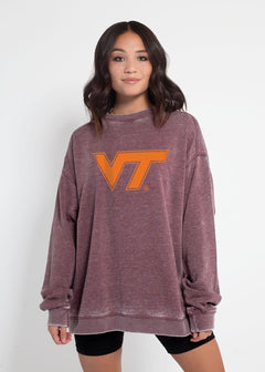 Virginia Tech Hokies Unisex Merlot Oversized Burnout fleece Sweatshirt with Ribbed crew neckline, cuffs, hem, dropped shoulders and relaxed bottom hem