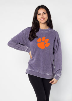 Clemson Tigers Unisex Grape Oversized Burnout fleece Sweatshirt with Ribbed crew neckline, cuffs, hem, dropped shoulders and relaxed bottom hem
